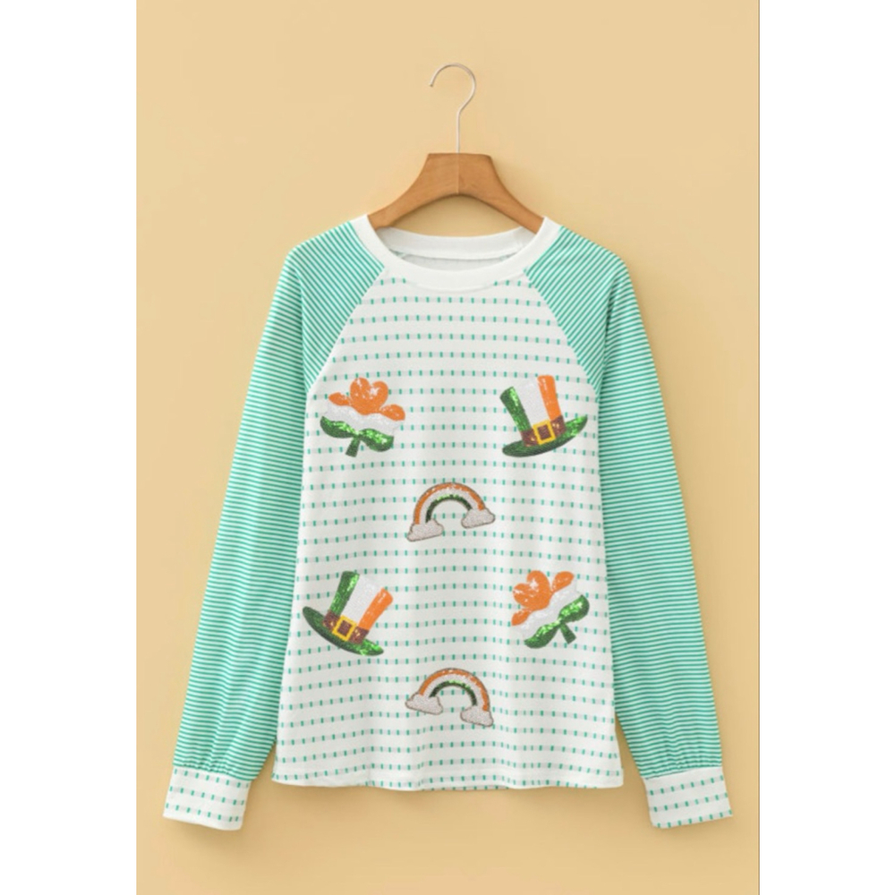 Lucky Charm Sequin Patch Green Stripe Raglan Top - Picture 3 of 6